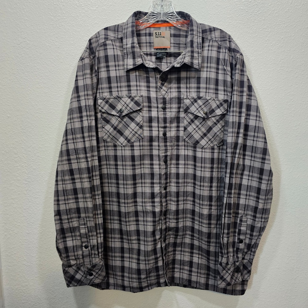 5.11 Tactical Mens XL Gray Black Plaid Long Sleeve Snap Front Utility Shirt
